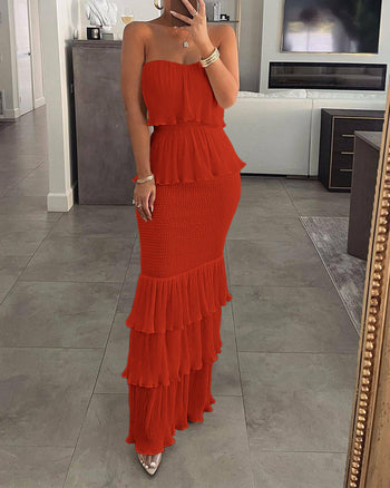 The Elodie Strapless Ruffle Pleated Maxi Dress