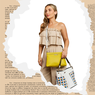Model showcasing stylish bags from the Bags of Influence collection, featuring a yellow purse and a white tote.