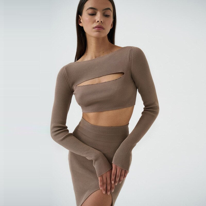 The Harlow Crop Top Hollow Out & Knitted Skirt Set