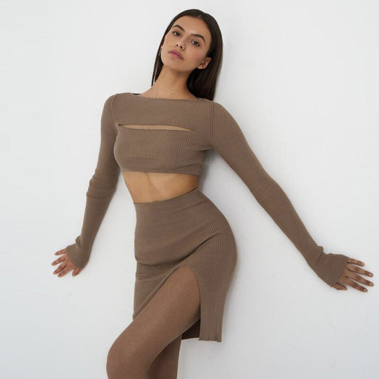 The Harlow Crop Top Hollow Out & Knitted Skirt Set