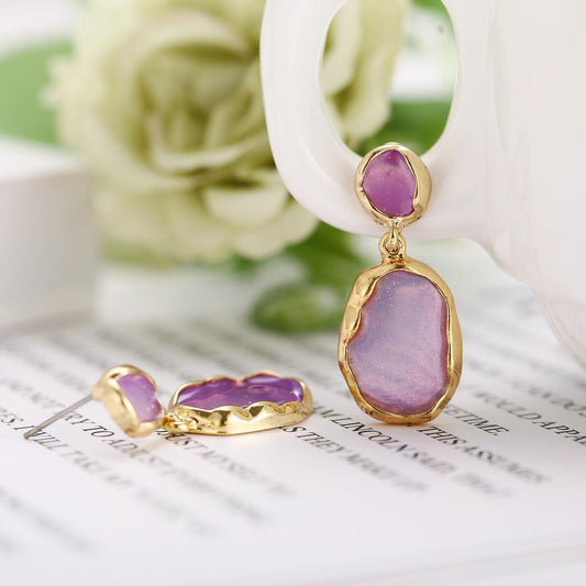 Transparent Glass Stone Drop Earring - Purple 18K Gold