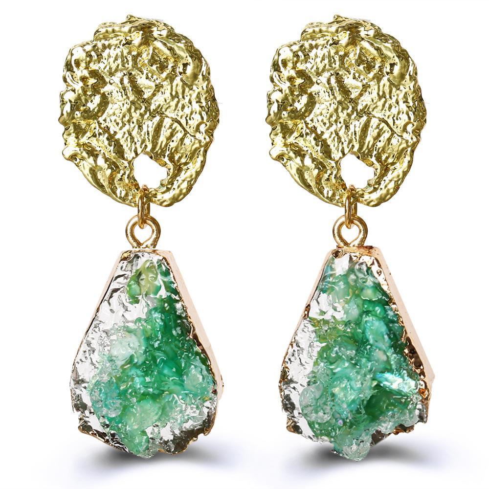 Glass Stone Drop Earring - Green 18K Gold