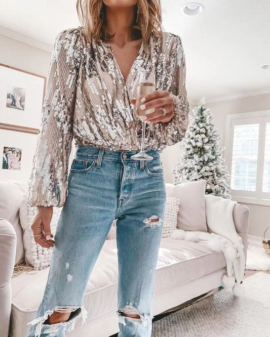 The Pauline V-Neck Long-Sleeve Sequin Top