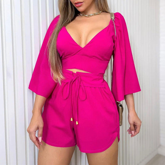The Jessica V-neck Bell Sleeve Crop Top &Tie High Waisted Shorts