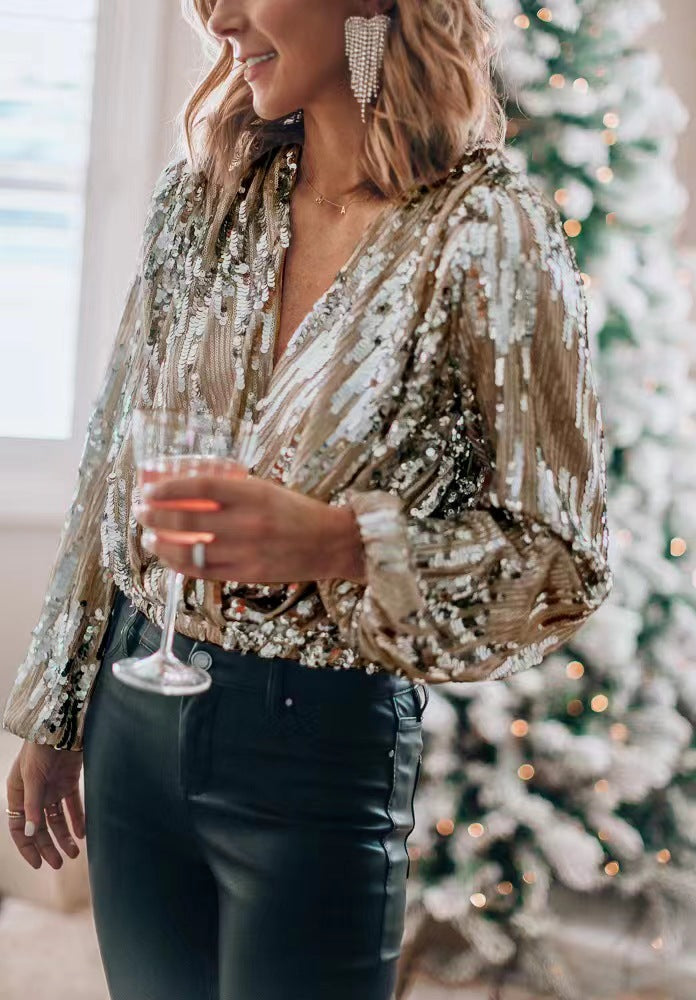 The Pauline V-Neck Long-Sleeve Sequin Top