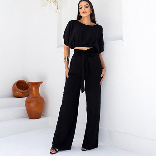 The Melody Crew Neck Crop Top & Tie Up High Waisted Pants Set
