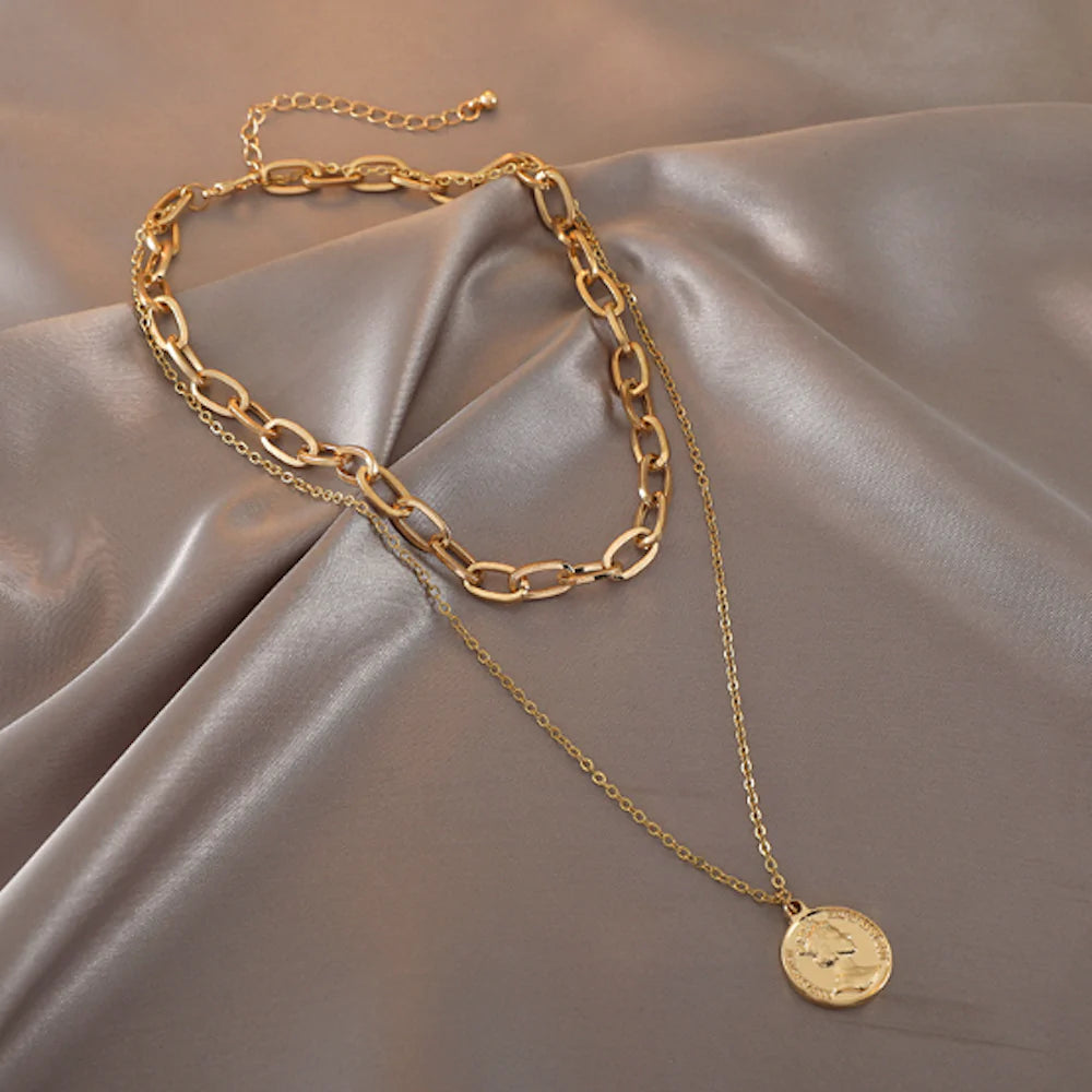Coin Pendant Layer Choker Necklace