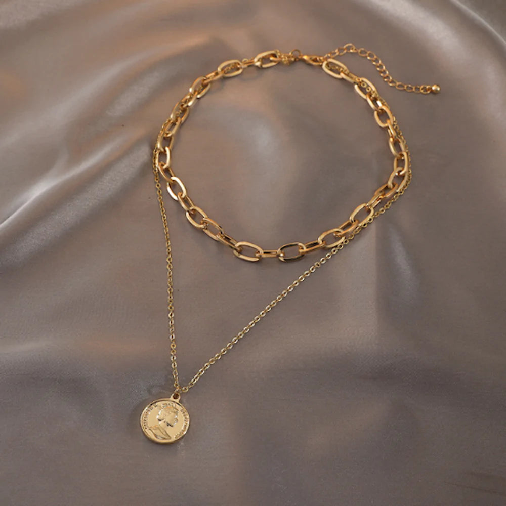 Coin Pendant Layer Choker Necklace